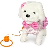Vardem Peluş Tasmalı Y&uuml;r&uuml;yen K&ouml;pek Oyuncak, Pembe Fiyonklu Sevimli Peluş K&ouml;pek, Hareketli Evcil Hayvan Oyuncağı, &Ccedil;ocuklar İ&ccedil;i