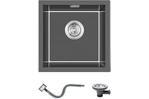 KINKIBOS 304 Stainless Steel Sink 40 x 40 cm, Small Square Sinks, Undermount Kitchen Sink with Overflow, 1 Bowl (Without Drain Pipe), Black Grey