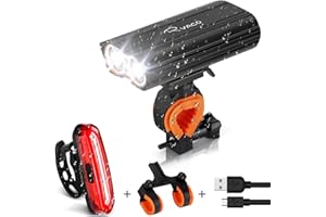 RYACO Éclairage Vélo, 2400 Lumens, 4400 mAh, Lumière de Vélo Eclairage Avant et Arrière USB Rechargeable LED Phare Lampe avec 2*LED CREE, 4 Modes d’Éclairage, Étanche IP65 pour Camping, Dames, Hommes