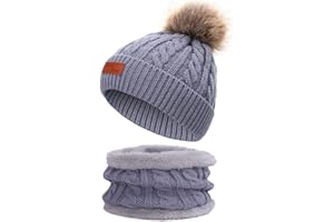 Martin Kench Kinder Winter Beanie Hut Schal Set Winter Mütze Loop Schal Set Kinder Unisex Strick Bommelmütze Wolle Schal für Mädchen Damen