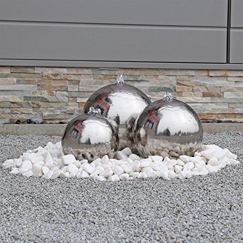 Edelstahl Springbrunnen ESB2 mit 3 aufwendig polierten Edelstahl Kugeln und LED Beleuchtung Zierbrunnen für den Garten