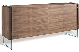 AC ANGEL CERDÁ Angel Cerdá - Aparador Nogal Patas Laterales Cristal Templado y Cuatro Puertas - Aparador de Salón Moderno y Funcional - Aparador Mueble con Almacenaje Espacioso - 170 x 43 x 77 cm