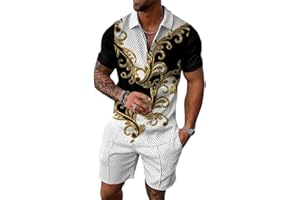 Osheoiso Completi Tuta da Uomo 2 Pezzi T-Shirt + Pantaloncini Tuta con Risvolto Stampa Manica Corta con Tasca Estate Sportiva Allenamento Felpa da Uomo Completi Taglie Forti