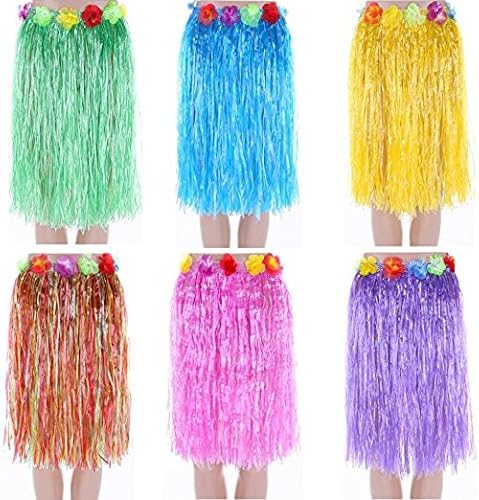 Multicolor Hawaiian Flowered Luau Hula Skirts for Costume Party, Birthdays, Celebration, Summer Beach Accessories, Taumini Pack of 6,Assorted Colors (For Adult)