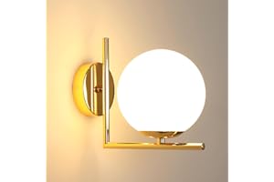 GOECO Applique da Parete Oro, E27 Lampada da Parete Moderna con Paralume in Vetro a Forma di Sfera per Soggiorno, Camera da Letto, Corridoio e Ingresso, Paralume Bianco da 15cm, Max.60W
