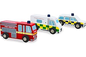 Indigo Jamm Emergency Vehicles, 3 Wooden Toy Emergency Service Car Set with Fire Engine, Ambulance and Police Car