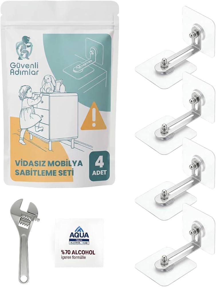 Güvenli Adımlar - Çocuk ve Deprem Güvenliği İçin Vidasız Mobilya Sabitleyici – Devrilme Önleyici Dolap Sabitleme Aparatı 4’lü Set