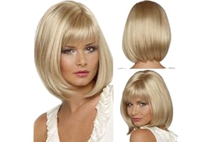 FENGQ Pelucas Bob, Peluca Bob Corta con Flequillo, Bob Recto Corto y Encantador, Peluca Bob Corta para Mujer Rubia, Pelucas Sintéticas Resaltadoras Rubias para Helloween Carnival Cosplay Daily (Rubio)