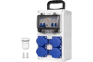 CHENGPI Distributore di Corrente per Cantieri con Interruttore FI 2P+N 32A, Distributore a Parete con 4 Spine di Messa a Terra 250V/16A, Distributore a Superficie per Edilizia, Industria, Uso Esterno