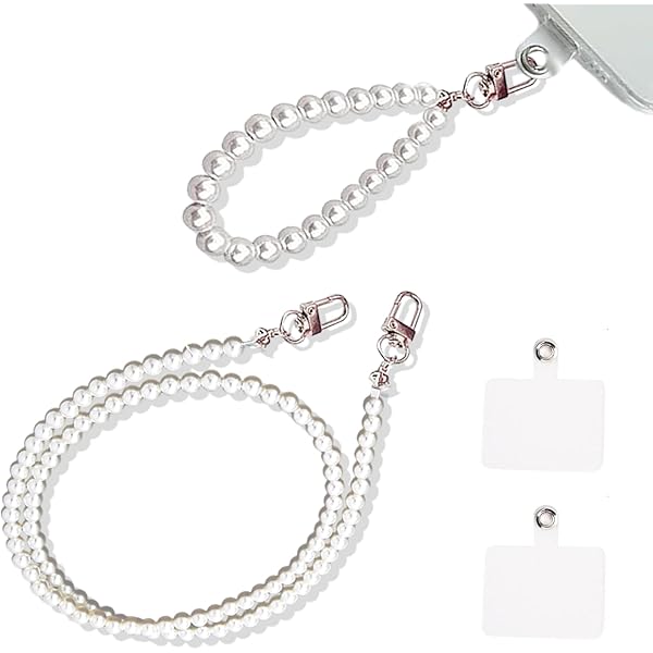 2 Cordini Per Cellulare Con Perle Bianche - Ciondolo Porta Telefono Con Portacarte Trasparenti