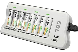 EBL Chargeur de Piles 8 Slots, avec 4PCS AA Piles Rechargeables 2800mAh+ 4PCS AAA 1100mAh, pour Accus AA/AAA/Ni-MH et Smartphone Tablette Rapide