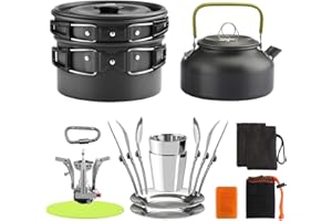 Awroutdoor zestaw naczyń kempingowych dla 2 osób z kuchenką kempingową, zestaw garnków kempingowych, 0,8 l, czajnik do herbaty, 2 filiżanki, aluminium, kemping, piknik, zestaw garnków