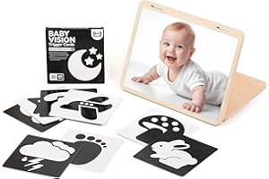 WOODEN TEETHER Jouet Montessori pour nouveau-né - Miroir pour bébé avec cartes visuelles noires et blanches - 0 à 12 mois - Cadeau de nouveau-né