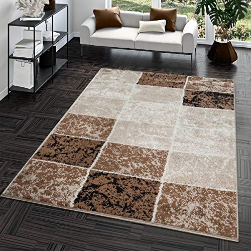 T&T Design Alfombra Salón Moderna Económica Diseño Cuadros Marrón Beige Crema Mejor Precio, Größe:160x220 cm