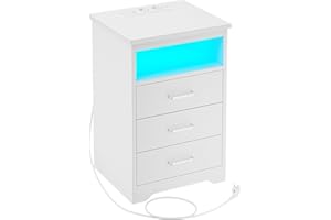 KIMENICH Comodino con Illuminazione a LED, Comodino con Stazione di Ricarica, Porte USB, 3 Cassetti, per Camera da Letto, Soggiorno, Bianca