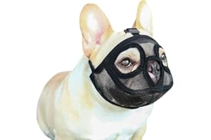 QCHOMEE Short Snout Dog Muzzle With Eyehole - Adjustable Mesh Bulldog Frenchie for Biting, Chewing, Barking Training - Dog Cat Mouth Mask Cover for English French Bulldog Pug (Black, S(40-44CM))