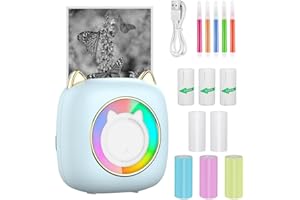 FENYW Mini Drucker, Tragbarer Mobiler Fotodrucker, Wireless Fotodrucker Thermodrucker mit Sieben Farben LED, Smartphone Bluetooth Drucker, Mini Printer mit iOS/Android für Journal, Reisen