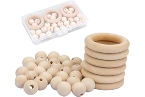 Juibao 6 Pieces Natural Craft Wooden Rings and 30 Pieces Wooden Beads with Hole for Macrame Craft Kit