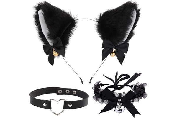 scalingscal kattöron hårband, katt öra pannband hårband, katt öron pannband klockor halsband PU läder punk choker halsband ci