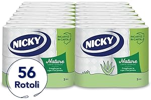 Nicky Nature - 56 Rotoli di Carta Igienica, 170 Soffici Fogli a 3 Veli Arricchiti da Aloe Vera, Morbida e Confortevole, Sostenibile Dentro e Fuori, Carta 100% Certificata FSC