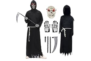ZUCOS Sensenmann Kostüm, Halloween Kostüm Sensenmann mit Sense Schädelmaske Kostüme Set für Erwachsene Halloween Dekoration Cosplay Sensenmann Schwarz Umhang mit Kapuze