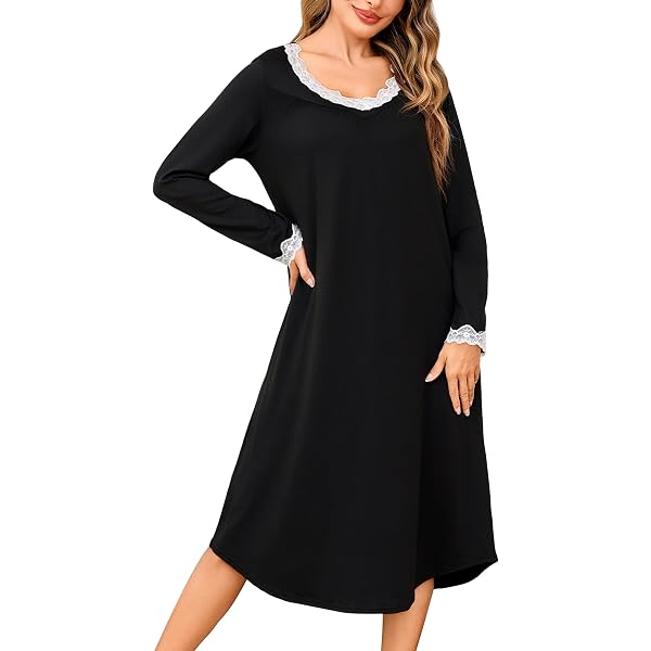 Chemise De Nuit Femme Manches Longues - Grande Taille, Col Rond Avec Poches - Tissu Doux (95% Viscose, 5% élasthanne) - Pyjama Chaud Hiver