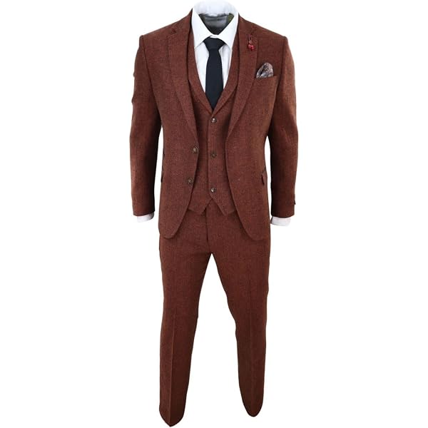 Costume Homme 3 Pièces En Tweed Laine Mélangée – Style Vintage Gentleman Britannique – Marron Clair – Taille S à XXL