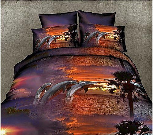 HOHAI 4Pcs Dusk Dolphin 3D Animal Printed Bedding Sets Queen Size Duvet Covers