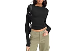 LACOZY Women's Slim Fit Going Out Crop Tops Casual Solid Color Crew Neck Long Sleeve Tight Tee Shirt Basic Streetwear