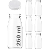 250 ml Şeffaf S&uuml;rahi S&uuml;t, Ayran, Su, Limonata, Meşrubat Şişesi 250 Cc Yırtmalı Kapaklı Cam Şişe 6 Adet (6, Beyaz Kilitli Kapa