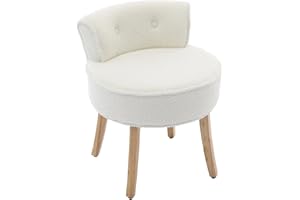 Warmiehomy White Dressing Table Stool, Makeup Vanity Stool Chair for Dressing Table, Dressing Room, Bedroom, Living Room, with Wooden Legs and Tufted Back, Teddy Velvet