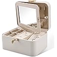 KAMIER Jewelry Box, 2 Layers PU Leather Jewelry Organizer Box, Large Capacity, Double Lock and Large Mirror, Hidden Necklace Hooks, Removable Dividers, Gift Box Packaging, Gray
