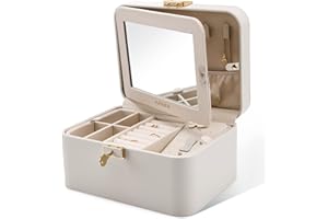 KAMIER Jewelry Box, 2 Layers PU Leather Jewelry Organizer Box, Large Capacity, Double Lock and Large Mirror, Hidden Necklace Hooks, Removable Dividers, Gift Box Packaging, Gray