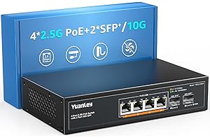 YuanLey 6 Port 2.5G PoE Switch No Gestionado, 4 x 2.5G Base-T PoE Puertos, 2 x 10G SFP, 802.3af/at, 78W, Compatible con 100/1000/2500Mbps, Metal Sin Ventilador, Montaje Pared Conmutador de Red 2.5Gbe