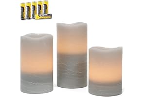 ‎RHYTSING Rhytsing Szara świeca na baterie z timerem, bezpłomieniowa świeca LED, zestaw upominkowy, ciepłe białe światło, postarzany wosk, baterie w zestawie - zestaw 3 szt
