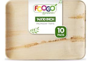 FOOGO Green 10 Disposable Palm Leaf Serving Trays, Large 14x10 inch (35x25cm), For Platters, Starters, Wedding Parties, Charcuterie Board, Eco Friendly Biodegradable Wooden Plates, Hot Food Trays