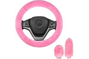 BIQIQI 3 PCS Housse de Volant pour Voiture, Hiver Faux Laine Volant Couvre, Couvercle de Frein à Main, Couverture de Changement de Vitesse, Intérieur de Voiture Universel 36-39cm (Rose)