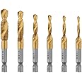 Gunpla 6pcs Tap Drill Bits Set, Durable Titanium Coated HSS Combination Metric Thread Drilling Bits Twisted 1/4” Hex Shank Hand Machine Screw Threading Tapping Tools M3 M4 M5 M6 M8 M10