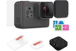micros2u Ultra-Clear 9h Tempered-Glass Lens + LCD Screen Protector & Soft Silicon Lens Cover Cap. Compatible with GoPro Hero, Hero 7, 6, 5 Action Camera