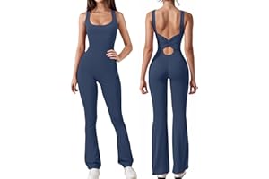 Tanou Flared Jumpsuits for Women Back Knotted Hollow Out Unitards One Piece Square Neck Tank Top Long Trouser Casual Sport Outfit Bodycon