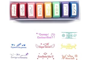 Fivtsme Lot de 8 Tampon Encreur Enseignant Français, Tampon Encreur pour Enfant, Tampon Auto Encreur Tampon Enseignant Maternelle pour Cadeau Professeur Tampon Ecole avec Boîte pour Encourager Élèves