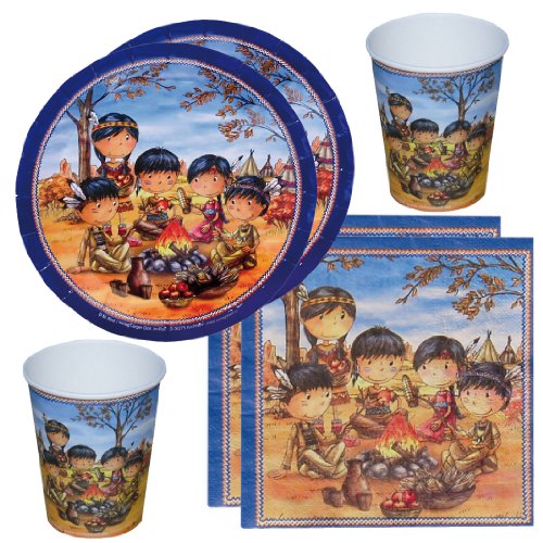 Partyset Indianer, 44-tlg., Kindergeburtstag mit 12 Jungen; 12 Papp-Teller, 12 Papp-Bechern, 20 Servietten Indianermotiv Kinderparty