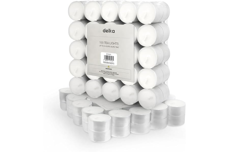 delka Unscented Tea Lights White- Long-Lasting 8 Hour Burn Time-Smoke-Free Bright Flame -Ideal for Weddings, Events, Aromatherapy, Home Décor, and Emergency Use-Premium Quality (White, Pack of 100)