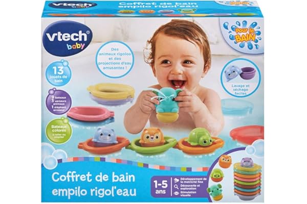 VTech - Coffret de Bain Empilo Rigol'Eau, 13 Jouets de Bain Bébé, Animaux Rigolos, Éléphant Arroseur, Bateaux à Relier et Empiler, Cadeau Enfant Fille et Garçon Dès 1 an - Contenu en Français