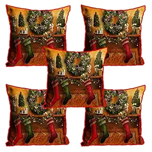 DreamVio Jute Exclusive Merry Christmas Decorative Throw/Pillow Covers, Cushion Covers for Gifting, Living Room, Bed Room, Sofa Pack/Set of 5 (Multicolour, Size 16 x 16 Inches)