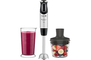 Moulinex QuickChef, Batidora de Mano de 1000 W, con Regulador de 10 Velocidad Turbo con 2 Accesorio para Picar, picadora y vaso Medidor, Cúpula Antisalpicaduras, Acero DD6578