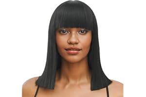 IMISSU Peluca corta de pelo natural para cosplay con flequillo recto, pelucas para fiesta de disfraces de Halloween para mujer (Negro)