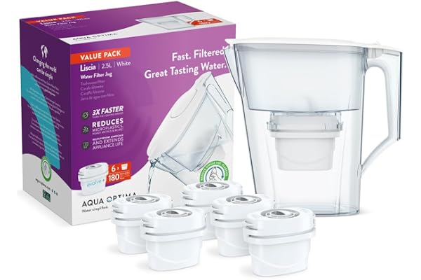 Aqua Optima Liscia Carafe Filtrante et 6 Cartouche Filtrantes Evolve+ 30 Jours, Capacité 2,5 litres, Pour la Réduction des Microplastiques, du Chlore, du Calcaire et des Impuretés, Blanc