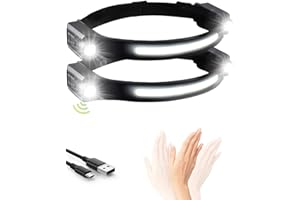 humpun LED Head Torch Rechargeable, 1200LM LED Headband Torch, 2 Spot Light, 12 Hours Runtime 5 Lighting Modes, Lightweight Headlight with Motion Sensor, IPX4 Waterproof for Running(Black, 2 Pack)