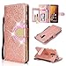 Produktbild Glitzer Strass Leder Brieftasche Hülle für Samsung Galaxy A6 Plus 2018,Yobby Samsung Galaxy A6 Plus 2018 Roségold Handyhülle Eingebaut Spiegel Flip Magnetisch Schließung Stand Schutzhülle mit Karte Schlüssel und Handschlaufe